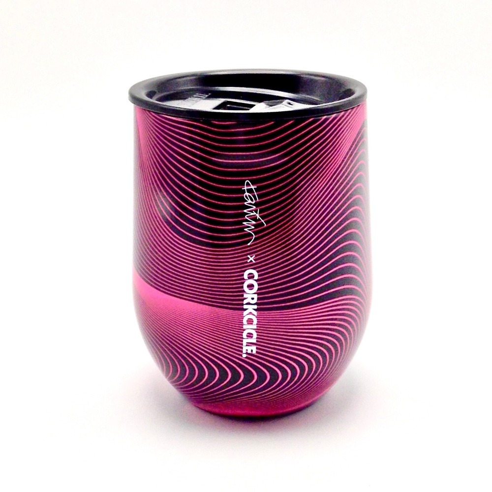 NEW Corkcicle Stemless Insulated Wine Tumbler 12oz Pink Black Swirl Cup‎